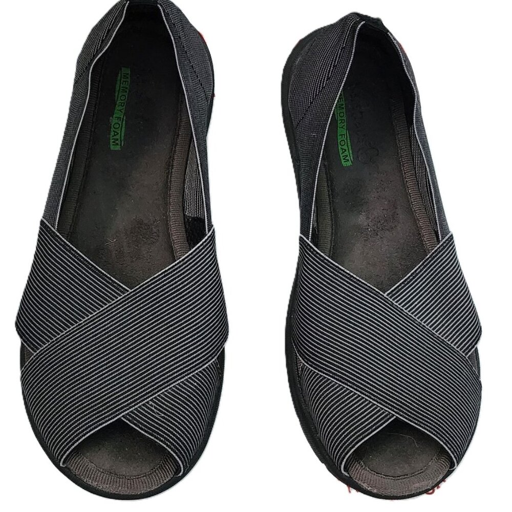 BARETRAPS Memory Foam Dark Grey Criss-Cross Peep Toe Slip-Ons Womens Sz 5